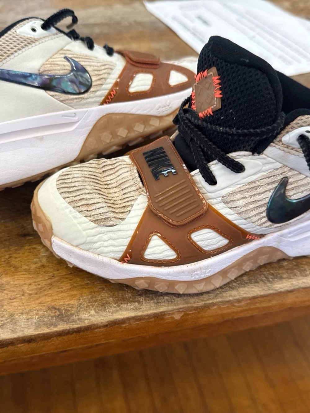 Nike Kids Beige and Brown Athletic Sneakers with Iridescent Swoosh